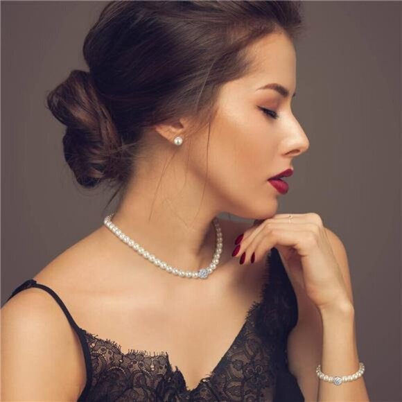 Pearl Rhinestone Jewelry Set for Women Pearl Necklace Bracelet Earrings set - Picture 4 of 6